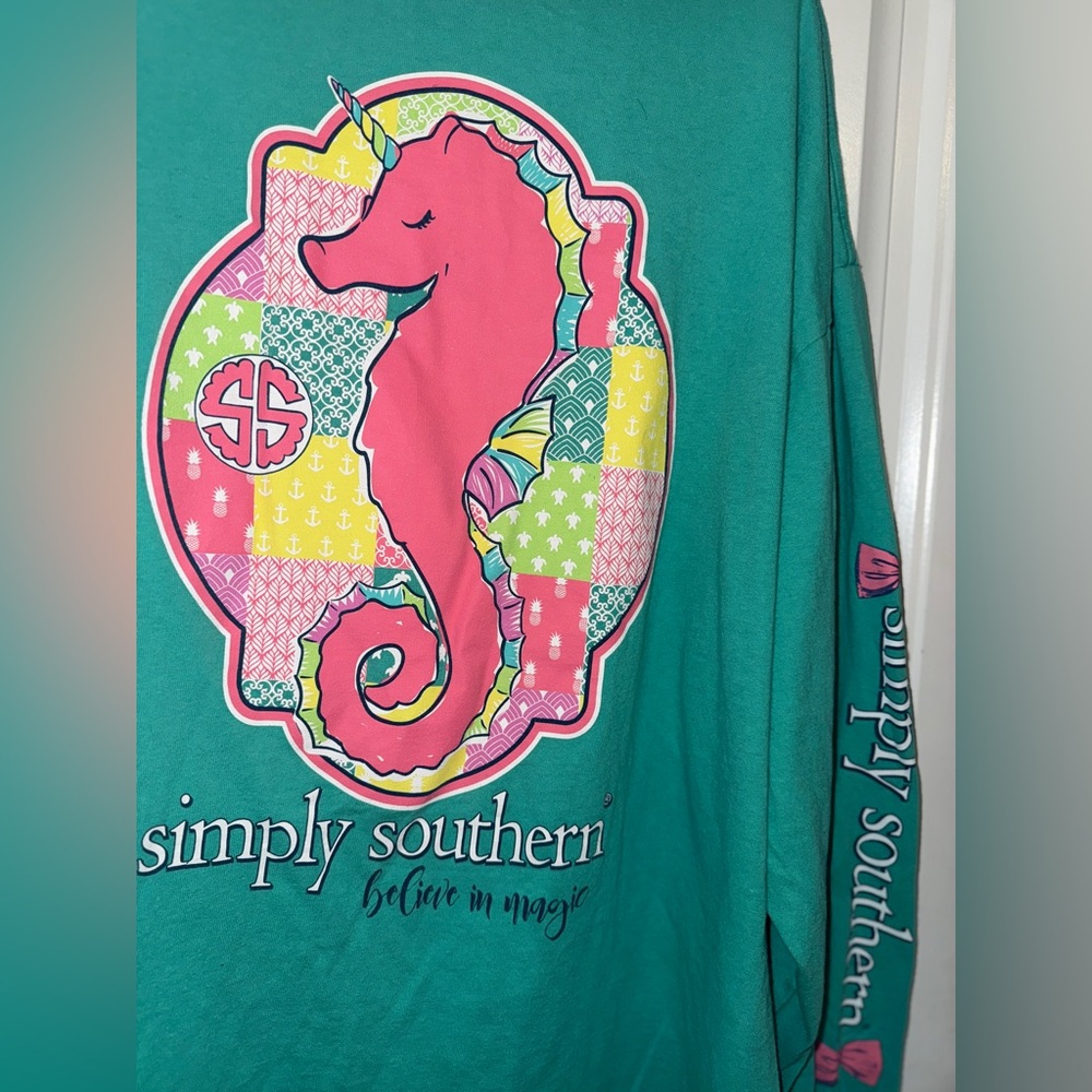 Simply Southern Teal Long Sleeve Tee with Pink Accents - Picture 3 of 10